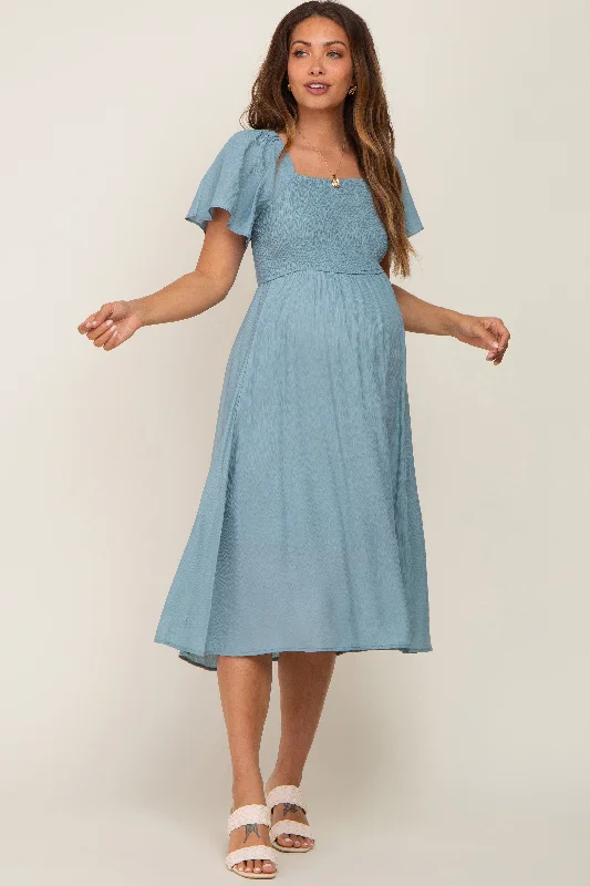 "Mini dresses for women for a youthful and trendy look"Light Blue Smocked Square Neck Flutter Short Sleeve Maternity Midi Dress "Mini dresses for women for a youthful and trendy look"Light Blue Smocked Square Neck Flutter Short Sleeve Maternity Midi Dress