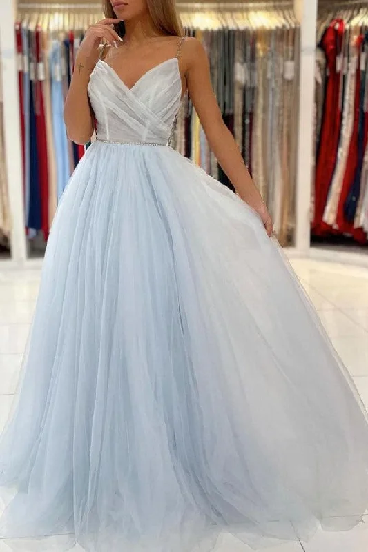 "Work - appropriate dresses for professional women"Light Blue Tulle Long Prom Dresses Backless Formal Gown PSK299 "Work - appropriate dresses for professional women"Light Blue Tulle Long Prom Dresses Backless Formal Gown PSK299