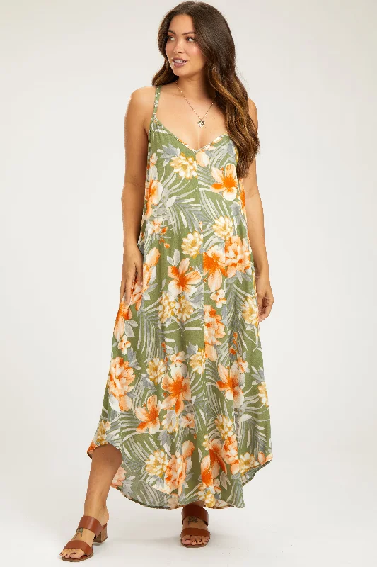 "Vintage - look women's dresses for a retro charm"Light Olive Floral Cross Back Maternity Midi Dress "Vintage - look women's dresses for a retro charm"Light Olive Floral Cross Back Maternity Midi Dress