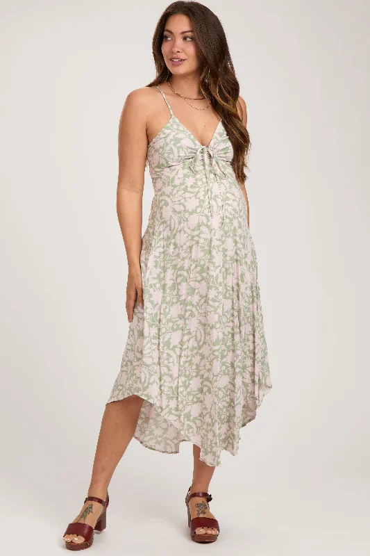 "Striped dresses for women with a classic touch"Light Olive Floral Front Tie V-Neck Maternity Midi Dress "Striped dresses for women with a classic touch"Light Olive Floral Front Tie V-Neck Maternity Midi Dress