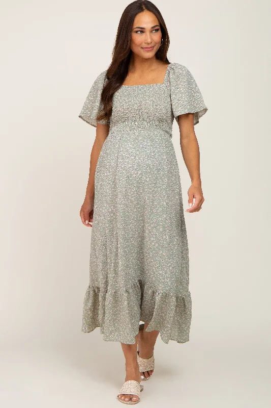 "Designer - inspired women's evening dresses"Light Olive Floral Smocked Maternity Midi Dress "Designer - inspired women's evening dresses"Light Olive Floral Smocked Maternity Midi Dress