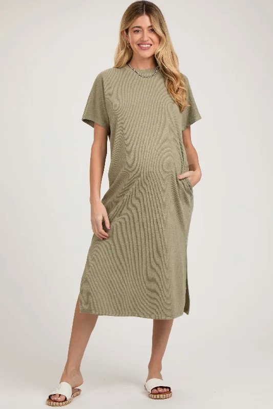 "Satin dresses for women for a luxurious appearance"Light Olive Ribbed Short Dolman Sleeve Side Slit Maternity Midi Dress "Satin dresses for women for a luxurious appearance"Light Olive Ribbed Short Dolman Sleeve Side Slit Maternity Midi Dress