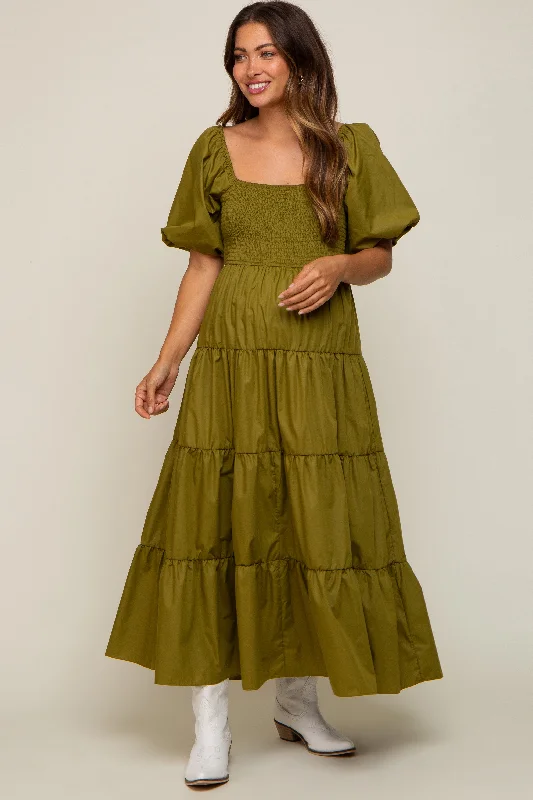 "Chiffon dresses for women with a flowy and light feel"Light Olive Square Neck Smocked Puff Short Sleeve Tiered Maternity Midi Dress "Chiffon dresses for women with a flowy and light feel"Light Olive Square Neck Smocked Puff Short Sleeve Tiered Maternity Midi Dress