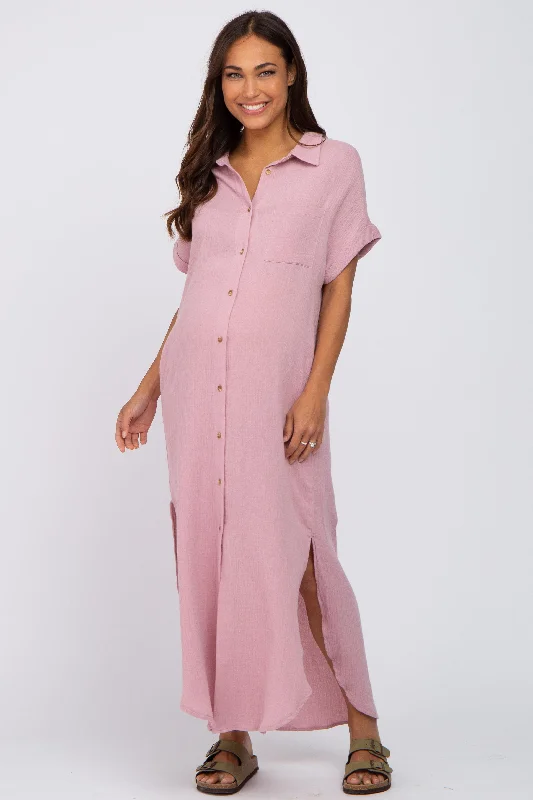 "Sleeveless dresses for women during hot summer days"Light Pink Button Down Maternity Midi Dress "Sleeveless dresses for women during hot summer days"Light Pink Button Down Maternity Midi Dress