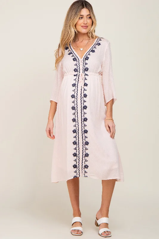 "Comfortable maternity dresses for pregnant women"Light Pink Floral Embroidered 3/4 Sleeve Maternity Midi Dress "Comfortable maternity dresses for pregnant women"Light Pink Floral Embroidered 3/4 Sleeve Maternity Midi Dress