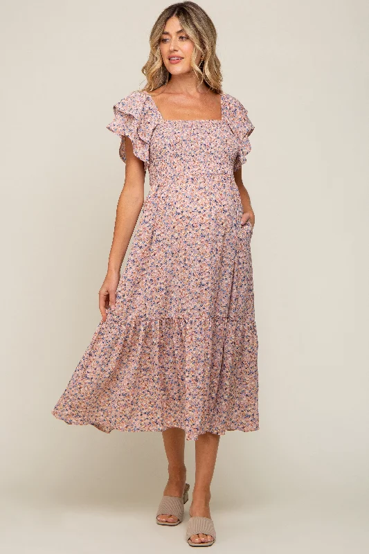 "Beaded dresses for women for a glamorous look"Light Pink Floral Flutter Maternity Midi Dress "Beaded dresses for women for a glamorous look"Light Pink Floral Flutter Maternity Midi Dress