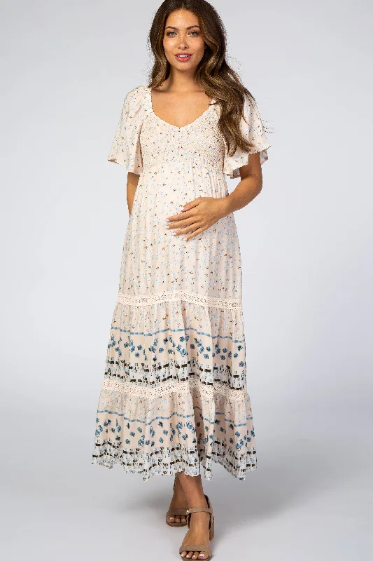 "Maxi dresses for women to wear in the fall"Light Pink Printed Smocked Maternity Midi Dress "Maxi dresses for women to wear in the fall"Light Pink Printed Smocked Maternity Midi Dress