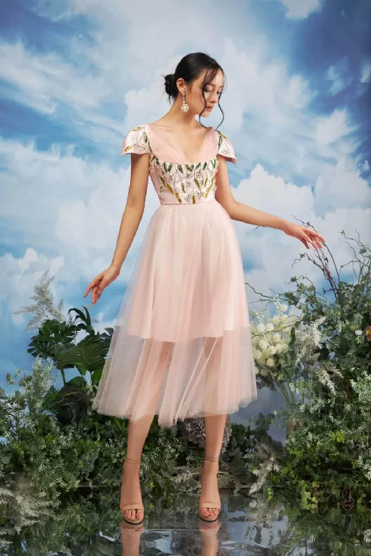 "Designer - inspired women's evening dresses"Limbat Fit and Flare V-Neck Taffeta Midi Dress