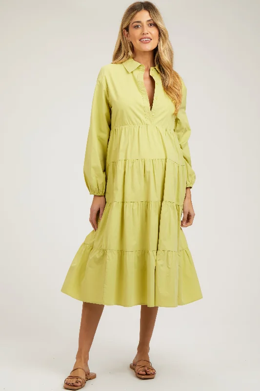 "A - line dresses for women to flatter the figure"Lime Tiered Collared Maternity Midi Dress