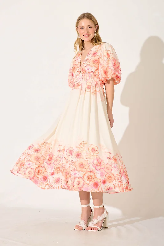 "Comfortable maternity dresses for pregnant women"Lovin You Maxi Dress In Tangerine Floral Linen Blend "Comfortable maternity dresses for pregnant women"Lovin You Maxi Dress In Tangerine Floral Linen Blend