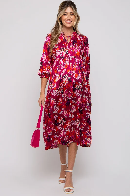 "Shirt dresses for women for a smart - casual style"Magenta Floral Satin Ruffle Neck Maternity Midi Dress "Shirt dresses for women for a smart - casual style"Magenta Floral Satin Ruffle Neck Maternity Midi Dress