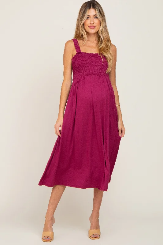 "Limited - Time Offer: Up to 50% Off on Women's Dresses!"Magenta Smocked Ruffle Strap Maternity Midi Dress "Limited - Time Offer: Up to 50% Off on Women's Dresses!"Magenta Smocked Ruffle Strap Maternity Midi Dress