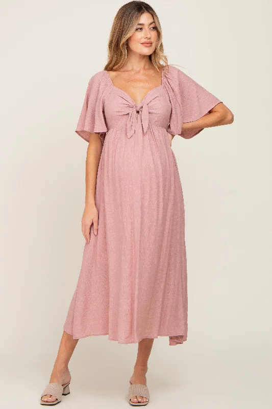 "Simple wedding dresses for women who prefer understated elegance"Mauve Front Tie Ruffle Sleeve Maternity Midi Dress "Simple wedding dresses for women who prefer understated elegance"Mauve Front Tie Ruffle Sleeve Maternity Midi Dress