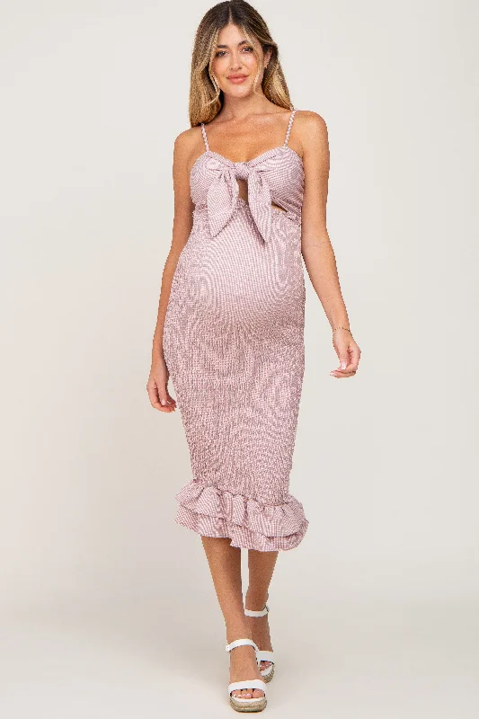 "Bohemian - style women's dresses for music festivals"Mauve Gingham Print Smocked Fitted Self-Tie Maternity Midi Dress "Bohemian - style women's dresses for music festivals"Mauve Gingham Print Smocked Fitted Self-Tie Maternity Midi Dress