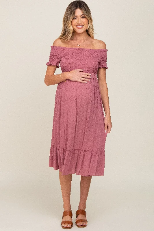 "Simple wedding dresses for women who prefer understated elegance"Mauve Off Shoulder Smocked Maternity Midi Dress "Simple wedding dresses for women who prefer understated elegance"Mauve Off Shoulder Smocked Maternity Midi Dress