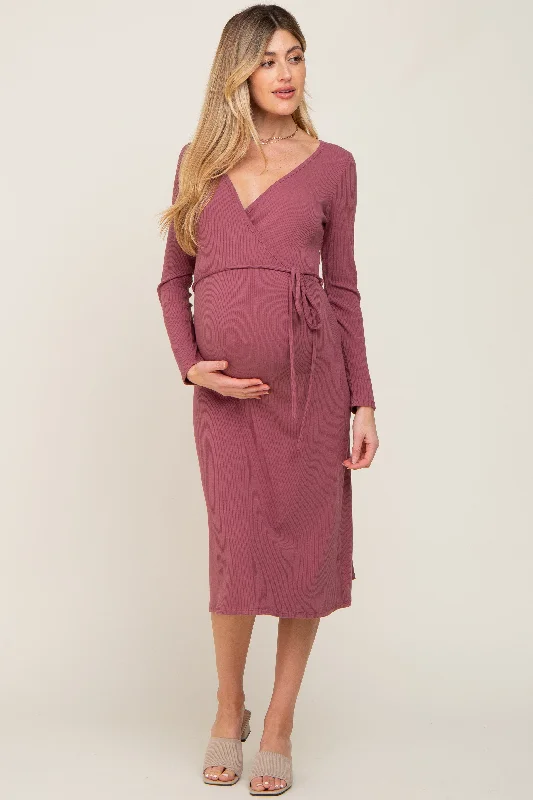 "Striped dresses for women with a classic touch"Mauve Rib Knit Long Sleeve Maternity Wrap Midi Dress "Striped dresses for women with a classic touch"Mauve Rib Knit Long Sleeve Maternity Wrap Midi Dress