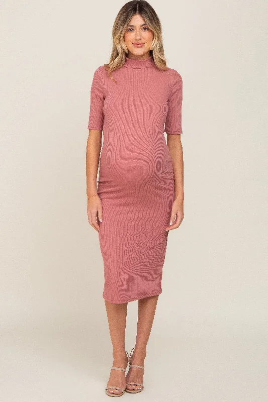 "Black tie dresses for women for formal galas"Mauve Ribbed Mock Neck Maternity Midi Dress "Black tie dresses for women for formal galas"Mauve Ribbed Mock Neck Maternity Midi Dress
