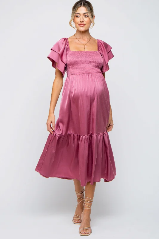 "Trendy casual dresses for women to wear at the beach"Mauve Satin Flutter Sleeve Maternity Midi Dress "Trendy casual dresses for women to wear at the beach"Mauve Satin Flutter Sleeve Maternity Midi Dress