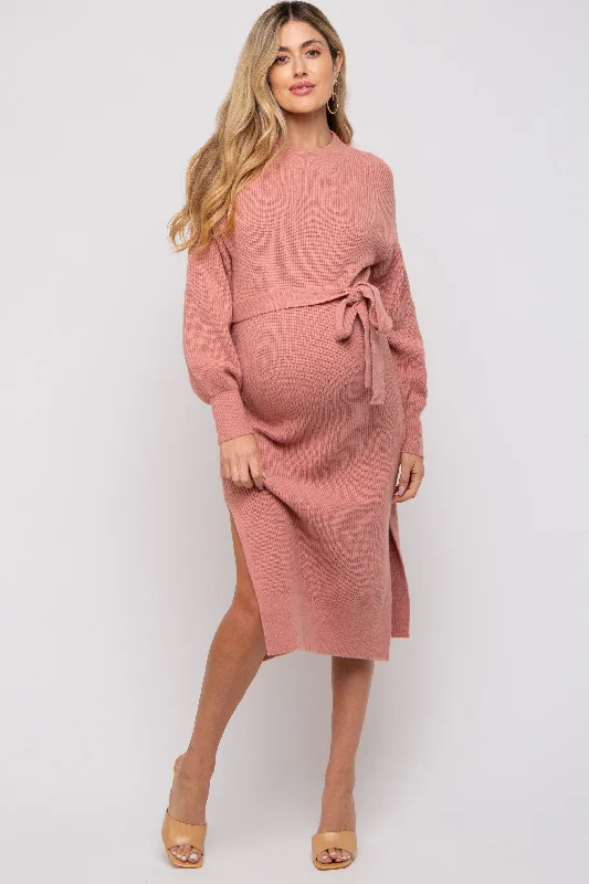 "Mini dresses for women for a youthful and trendy look"Mauve Side Slit Maternity Sweater Midi Dress "Mini dresses for women for a youthful and trendy look"Mauve Side Slit Maternity Sweater Midi Dress