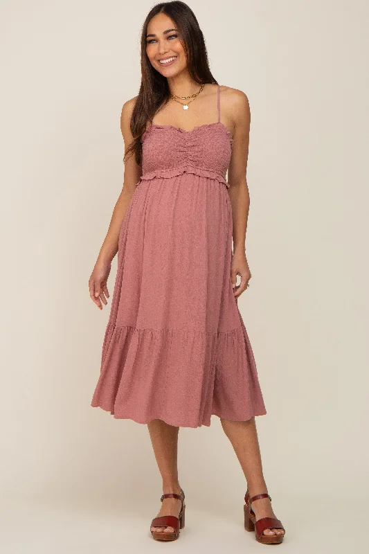 "Sustainable and eco - friendly women's dresses"Mauve Smocked Ruffle Accent Maternity Midi Dress