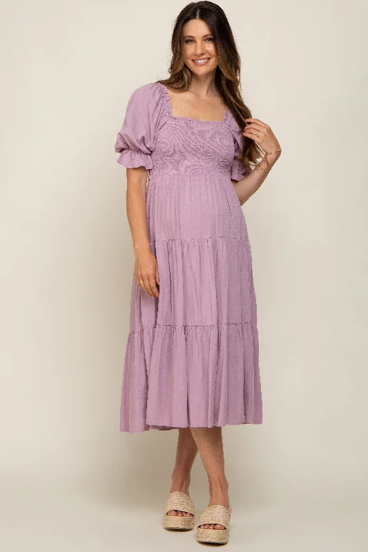 "Flash Sale: Grab Your Favorite Women's Dresses at Unbeatable Prices!"Mauve Swiss Dot Smocked Maternity Midi Dress "Flash Sale: Grab Your Favorite Women's Dresses at Unbeatable Prices!"Mauve Swiss Dot Smocked Maternity Midi Dress