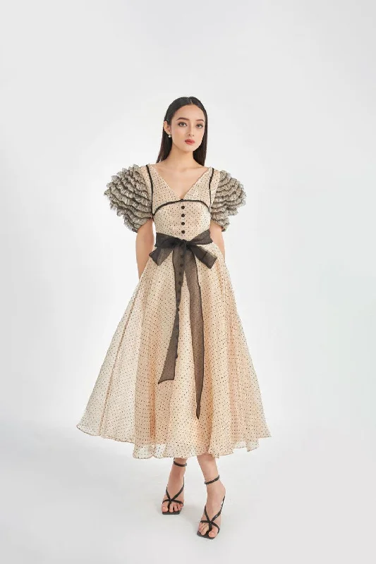 "Beaded dresses for women for a glamorous look"Milcah A-line Collared Neck Organza Midi Dress