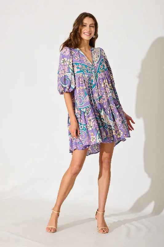 "Beaded dresses for women for a glamorous look"Minnesota Smock Dress In Purple With Blue Paisley Print "Beaded dresses for women for a glamorous look"Minnesota Smock Dress In Purple With Blue Paisley Print