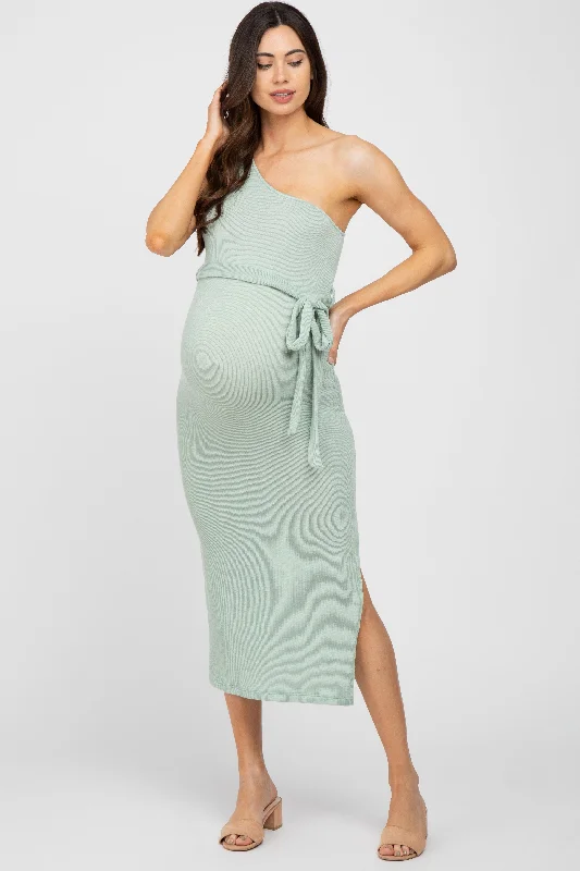 "Beaded dresses for women for a glamorous look"Mint Green Ribbed One Shoulder Side Slit Maternity Midi Dress "Beaded dresses for women for a glamorous look"Mint Green Ribbed One Shoulder Side Slit Maternity Midi Dress