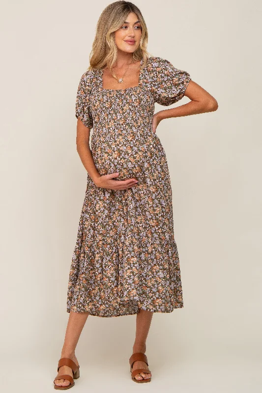 "VIP Sale: Extra 15% Off on Women's Dresses for Our Loyal Customers"Mocha Floral Smocked Puff Sleeve Maternity Midi Dress "VIP Sale: Extra 15% Off on Women's Dresses for Our Loyal Customers"Mocha Floral Smocked Puff Sleeve Maternity Midi Dress
