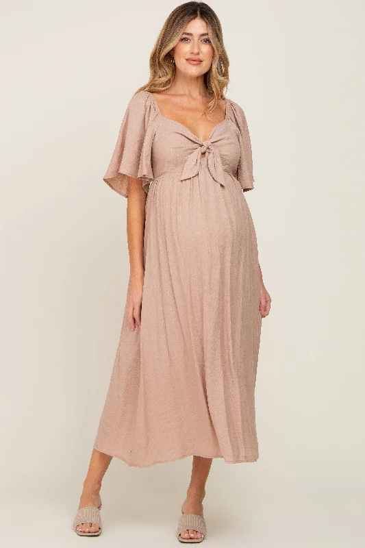 "Boho wedding dresses for women for a free - spirited vibe"Mocha Front Tie Ruffle Sleeve Maternity Midi Dress "Boho wedding dresses for women for a free - spirited vibe"Mocha Front Tie Ruffle Sleeve Maternity Midi Dress