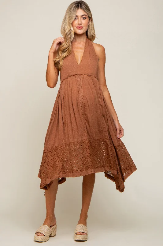 "Sequined dresses for women to shine at parties"Mocha Lace Accent Halter Maternity Midi Dress "Sequined dresses for women to shine at parties"Mocha Lace Accent Halter Maternity Midi Dress