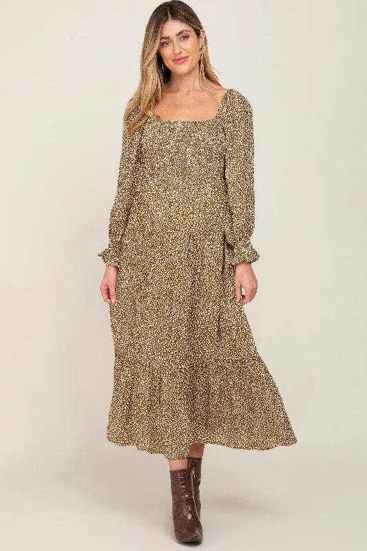 "Beaded dresses for women for a glamorous look"Mocha Leopard Print Square Neck Smocked Maternity Midi Dress "Beaded dresses for women for a glamorous look"Mocha Leopard Print Square Neck Smocked Maternity Midi Dress