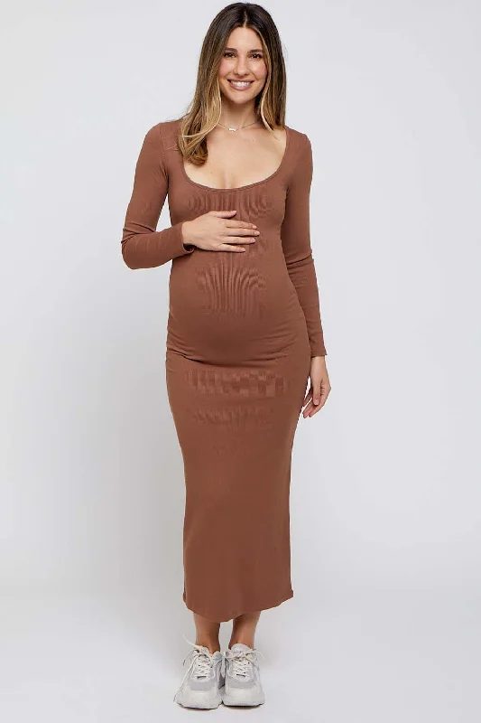 "Shirt dresses for women for a smart - casual style"Mocha Ribbed Scoop Neck Maternity Midi Dress "Shirt dresses for women for a smart - casual style"Mocha Ribbed Scoop Neck Maternity Midi Dress