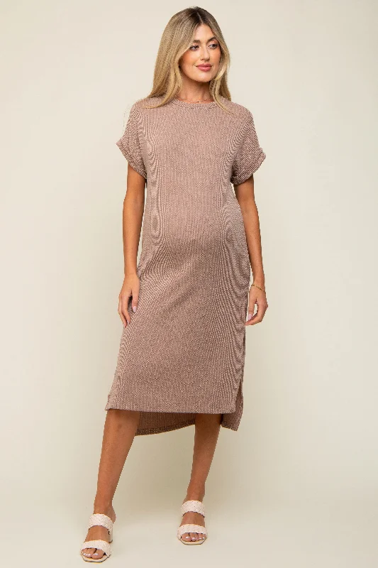 "Exclusive Discount: 30% Off All Women's Dresses for a Limited Period"Mocha Ribbed Short Sleeve Maternity Midi Dress "Exclusive Discount: 30% Off All Women's Dresses for a Limited Period"Mocha Ribbed Short Sleeve Maternity Midi Dress