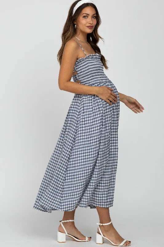 "Smart casual dresses for women for work - to - weekend transitions"Navy Blue Checkered Square Neck Smocked Maternity Midi Dress "Smart casual dresses for women for work - to - weekend transitions"Navy Blue Checkered Square Neck Smocked Maternity Midi Dress