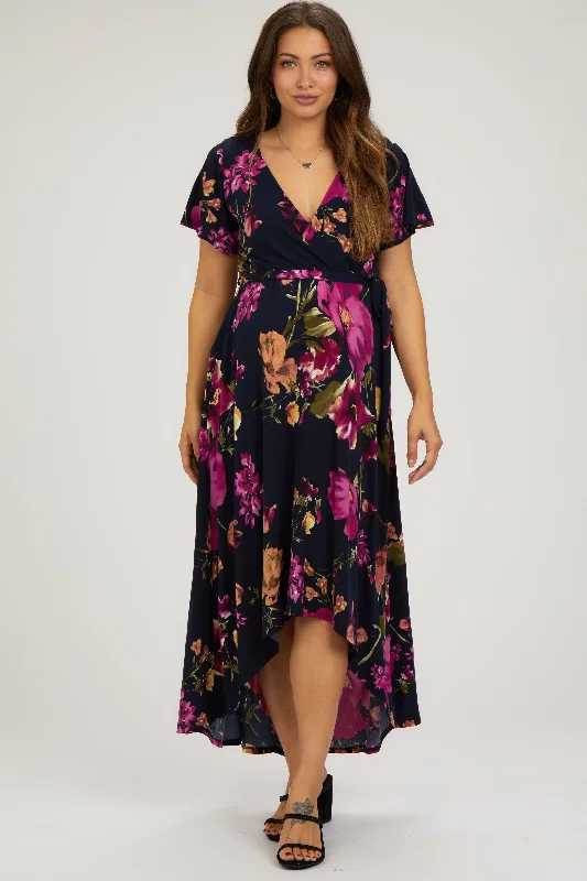"Pleated dresses for women with a graceful movement"Navy Blue Floral Print Wrap Front V-Neck Hi-Low Maternity Midi Dress "Pleated dresses for women with a graceful movement"Navy Blue Floral Print Wrap Front V-Neck Hi-Low Maternity Midi Dress