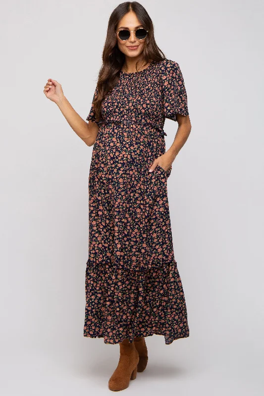"Sequined dresses for women to shine at parties"Navy Blue Floral Smocked Flutter Short Sleeve Maternity Midi Dress "Sequined dresses for women to shine at parties"Navy Blue Floral Smocked Flutter Short Sleeve Maternity Midi Dress