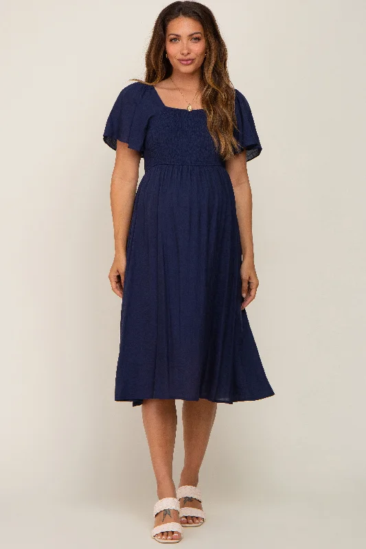 "Homecoming dresses for women to stand out"Navy Blue Smocked Square Neck Flutter Short Sleeve Maternity Midi Dress "Homecoming dresses for women to stand out"Navy Blue Smocked Square Neck Flutter Short Sleeve Maternity Midi Dress