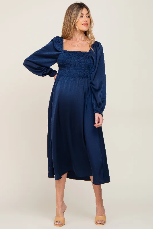 "Chiffon dresses for women with a flowy and light feel"Navy Blue Smocked Square Neck Satin Maternity Midi Dress "Chiffon dresses for women with a flowy and light feel"Navy Blue Smocked Square Neck Satin Maternity Midi Dress