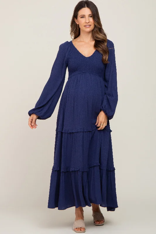 "Flash Sale: Grab Your Favorite Women's Dresses at Unbeatable Prices!"Navy Blue Smocked Tiered Maternity Midi Dress "Flash Sale: Grab Your Favorite Women's Dresses at Unbeatable Prices!"Navy Blue Smocked Tiered Maternity Midi Dress