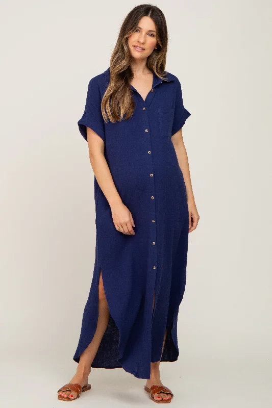 "Work - appropriate dresses for professional women"Navy Button Down Maternity Midi Dress "Work - appropriate dresses for professional women"Navy Button Down Maternity Midi Dress