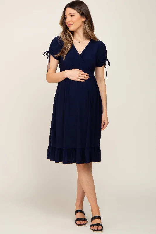 "Bohemian - style women's dresses for music festivals"Navy Cinched Sleeve Maternity Midi Dress "Bohemian - style women's dresses for music festivals"Navy Cinched Sleeve Maternity Midi Dress