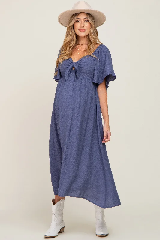 "Smart casual dresses for women for work - to - weekend transitions"Navy Front Tie Ruffle Sleeve Maternity Midi Dress "Smart casual dresses for women for work - to - weekend transitions"Navy Front Tie Ruffle Sleeve Maternity Midi Dress