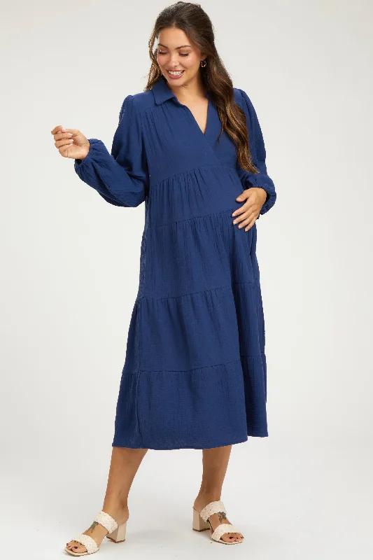 "Long sleeve dresses for women in cold weather"Navy Light Weight Collared Tiered Maternity Midi Dress "Long sleeve dresses for women in cold weather"Navy Light Weight Collared Tiered Maternity Midi Dress