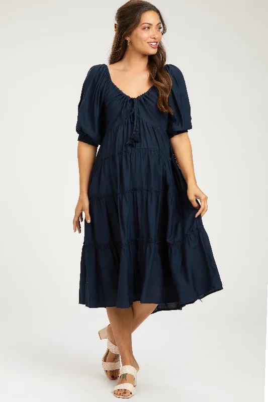 "Midi dresses for women with unique patterns"Navy Tiered Maternity Midi Dress