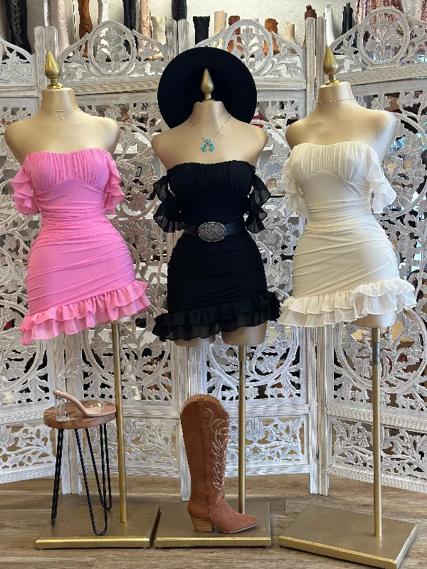 "Lace dresses for women for a romantic and elegant look"Off Shoulder Mini Ruffles Dress- stretchy estira poco . "Lace dresses for women for a romantic and elegant look"Off Shoulder Mini Ruffles Dress- stretchy estira poco .