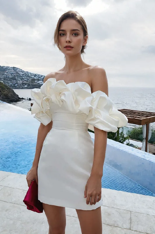 "Midi dresses for women with unique patterns"Off Shoulder Sleeveless Satin Mini Homecoming Dress With Ruffles PD540 "Midi dresses for women with unique patterns"Off Shoulder Sleeveless Satin Mini Homecoming Dress With Ruffles PD540