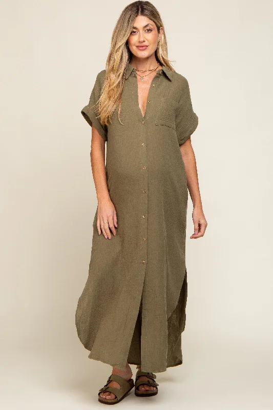 Clearance Sale: Women's Dresses Olive Button Down Maternity Midi Dress