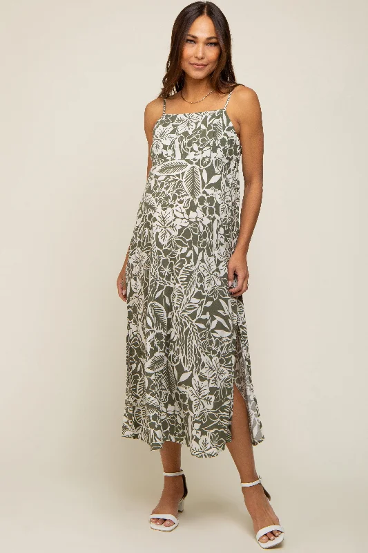 "Work - appropriate dresses for professional women"Olive Floral Side Slit Maternity Midi Dress "Work - appropriate dresses for professional women"Olive Floral Side Slit Maternity Midi Dress