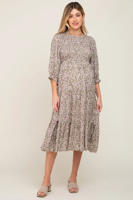 "Vintage - look women's dresses for a retro charm"Olive Floral Smocked 3/4 Sleeve Maternity Midi Dress "Vintage - look women's dresses for a retro charm"Olive Floral Smocked 3/4 Sleeve Maternity Midi Dress